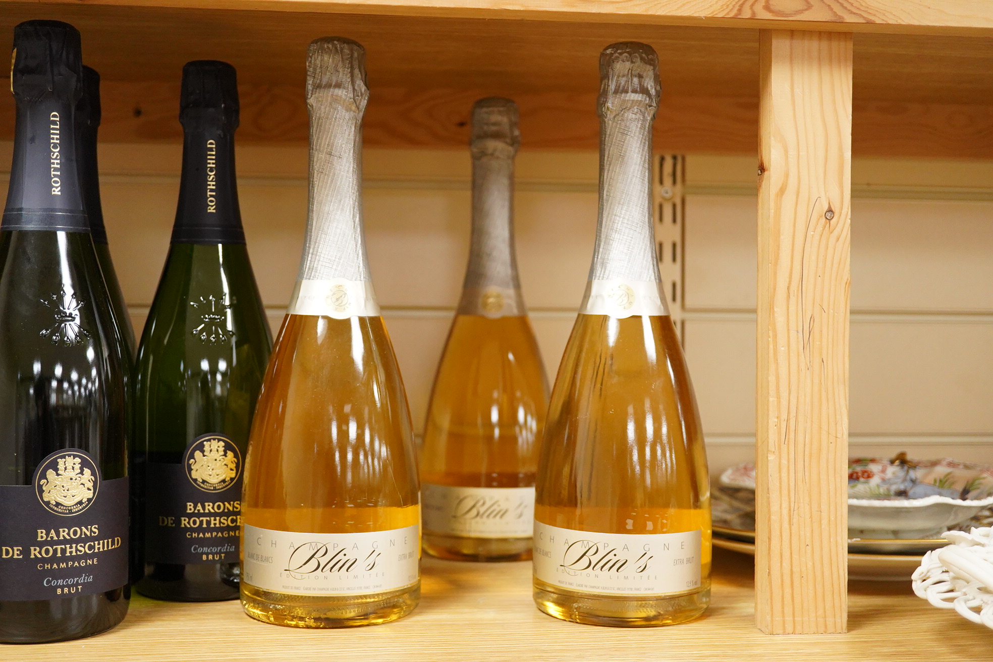 Three bottles of Barons de Rothschild NV Champagne and three bottles of Blin’s blanc de blanc Champagne.
